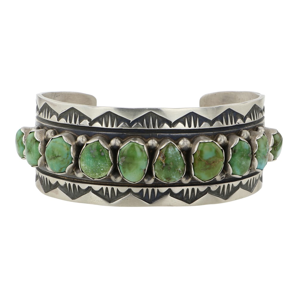Charles Johnson Talented Navajo Artist Sonoran Gold Turquoise Stamp-Work Row Bracelet: Sterling Silver | Genuine Sonoran Gold Turquoise | Charles Johnson Talented Navajo Artist Sonoran Gold Turquoise Stamp-Work Row Bracelet | Navajo Native American Southwest Indian Jewelry | Good (no br