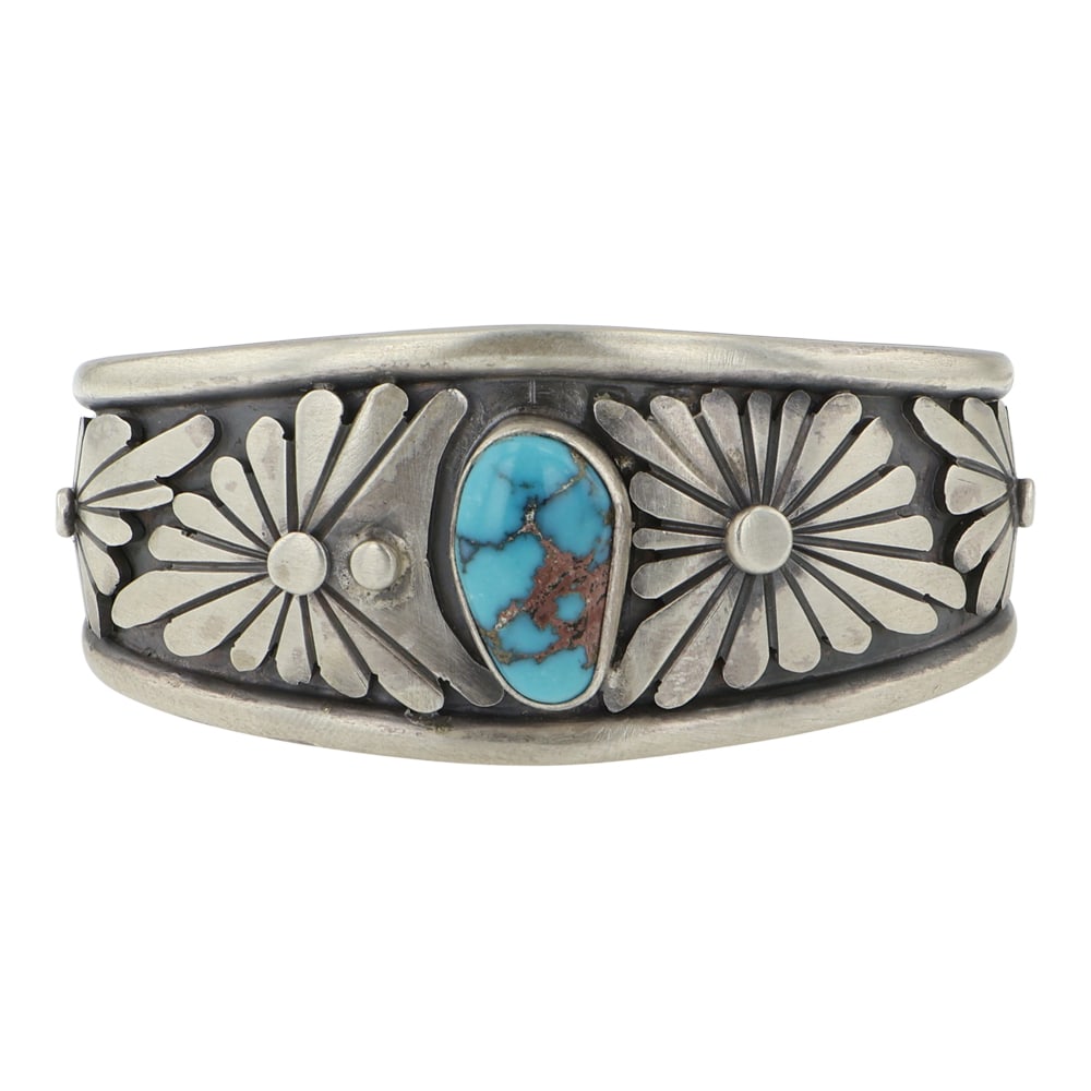 Daniel Benally Navajo Candelaria Turquoise Intricate Bracelet: Sterling Silver | Genuine Candelaria Turquoise | Daniel Benally Navajo Candelaria Turquoise Intricate Bracelet | Navajo Native American Southwest Indian Jewelry | Good (no breaks or damages) | Approxi