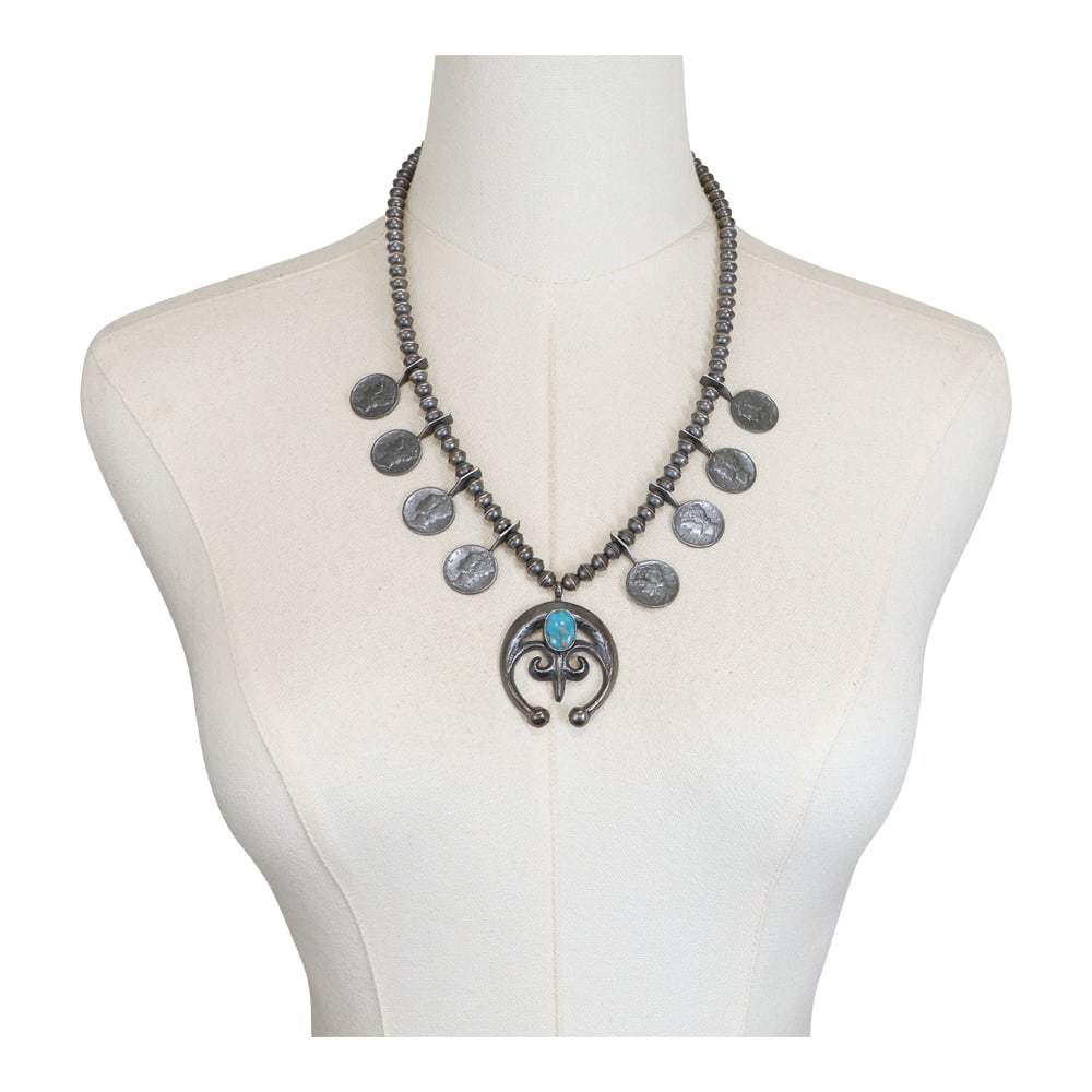 Navajo Blue Gem Turquoise US Silver Mercury Dimes Statement Necklace With Naja (1 of 4)
