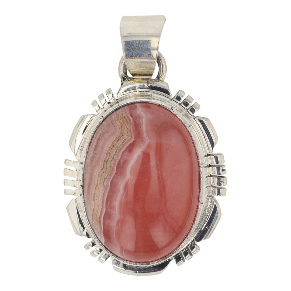 Thomas Francisco Rhodochrosite Pendant: Sterling Silver | Genuine Rhodochrosite | Thomas Francisco Rhodochrosite Pendant | Navajo Native American Southwest Indian Jewelry | Good (no breaks or damages) | Approximate Weight:?6?Grams | Pendant