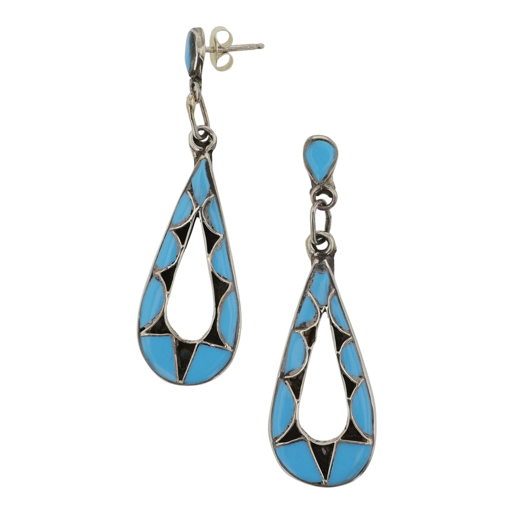 Zuni Turquoise Inlay Earrings: Sterling Silver | Genuine Turquoise | Zuni Turquoise Inlay Earrings | Zuni Native American Southwest Indian Jewelry | Good (no breaks or damages) | Approximate Weight:?6?Grams | Earrings: 2" x .75" ea