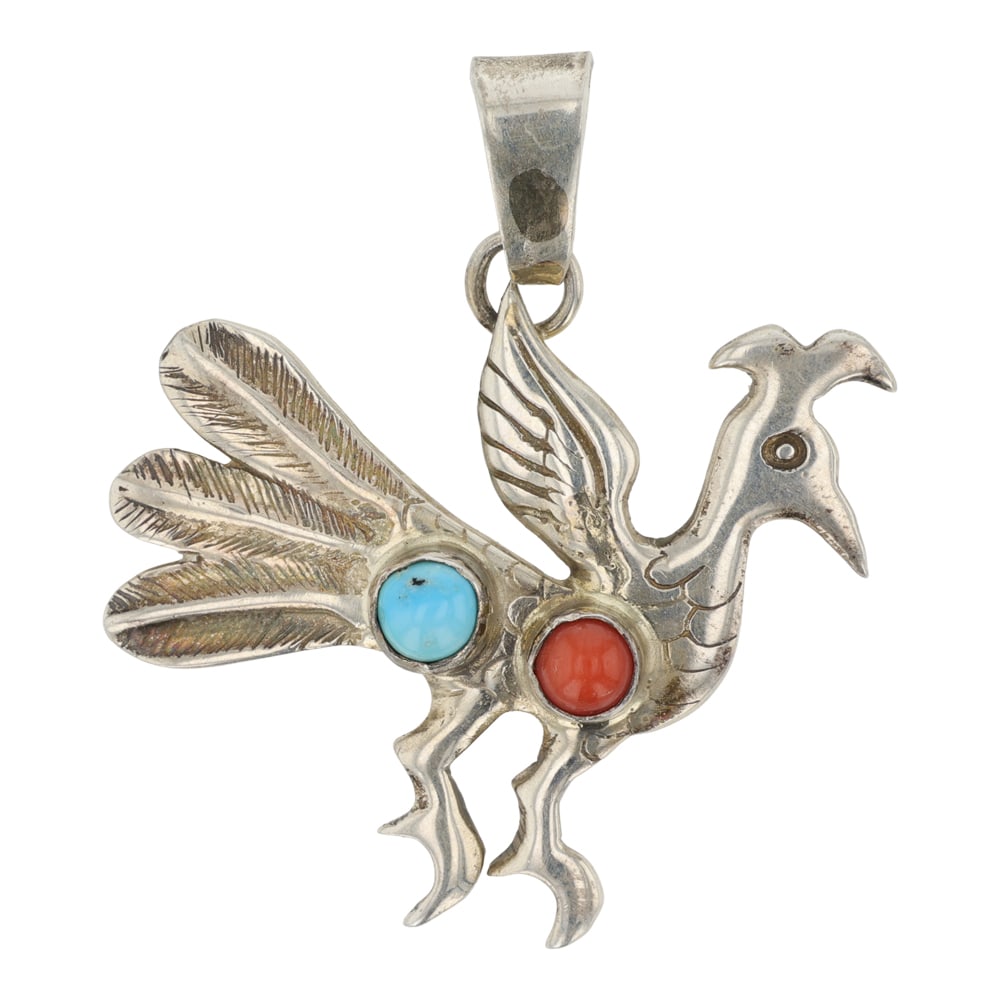 Navajo Turquoise & Coral Pendant: Sterling Silver | Genuine Turquoise & Coral | Navajo Turquoise & Coral Pendant | Navajo Native American Southwest Indian Jewelry | Good (no breaks or damages) | Approximate Weight: 10 Grams | Pendant: