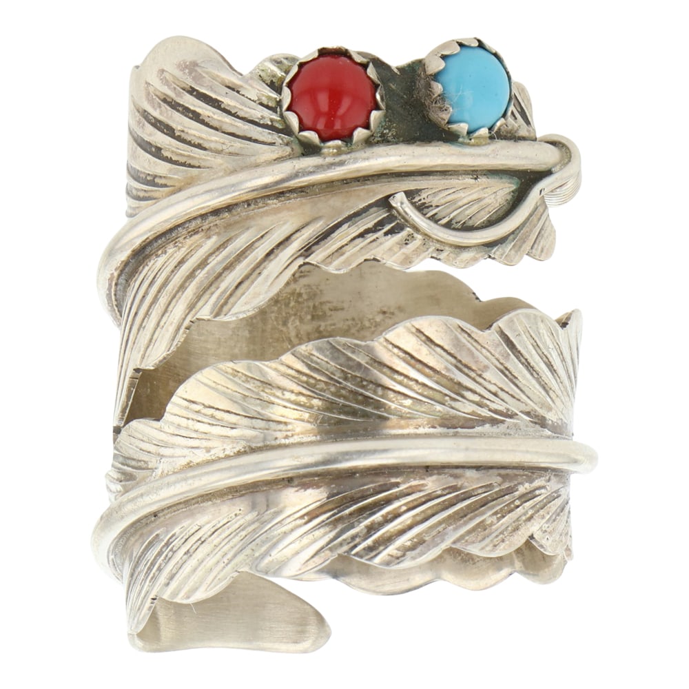 Navajo Turquoise & Coral Adjustable Feather Ring: Sterling Silver | Genuine Turquoise & Coral | Navajo Turquoise & Coral Adjustable Feather Ring | Navajo Native American Southwest Indian Jewelry | Good (no breaks or damages) | Approximate Weight:?7?G
