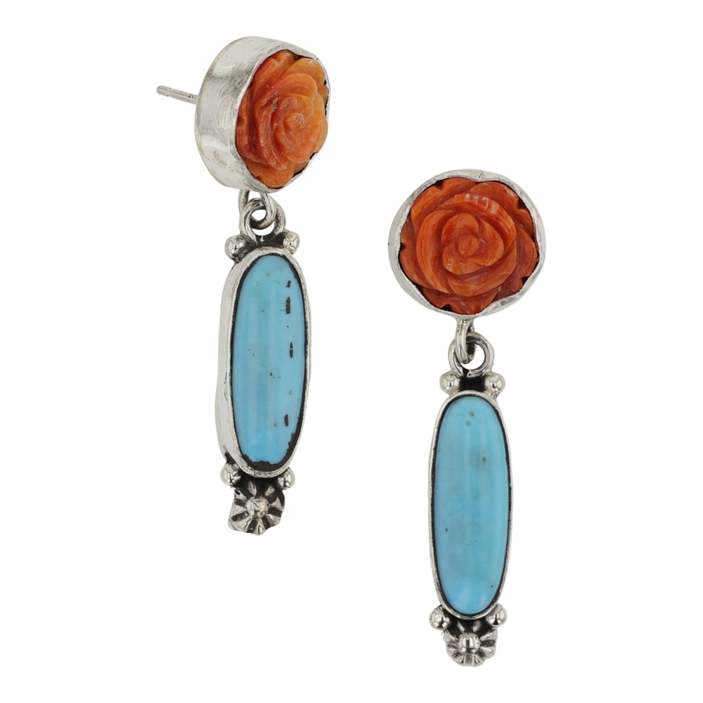 Navajo Turquoise & Spiny Oyster Flower Earrings: Sterling Silver | Genuine Turquoise & Spiny Oyster | Navajo Turquoise & Spiny Oyster Flower Earrings | Navajo Native American Southwest Indian Jewelry | Good (no breaks or damages) | Approximate Weigh