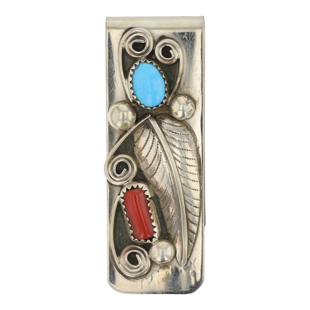 Navajo Turquoise & Coral Sterling Silver & Nickel Money Clip: Sterling Silver | Genuine Turquoise & Coral | Navajo Turquoise & Coral Sterling Silver & Nickel Money Clip | Navajo Native American Southwest Indian Jewelry | Good (no breaks or damages) | Approximate