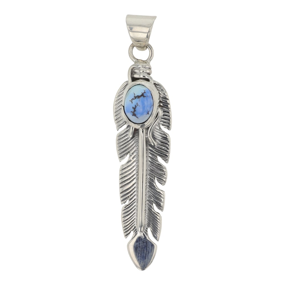 June Delgarito Navajo Golden Hills Turquoise Feather Pendant: Sterling Silver | Genuine Golden Hills Turquoise | June Delgarito Navajo Golden Hills Turquoise Feather Pendant | Navajo Native American Southwest Indian Jewelry | Good (no breaks or damages) | Approx