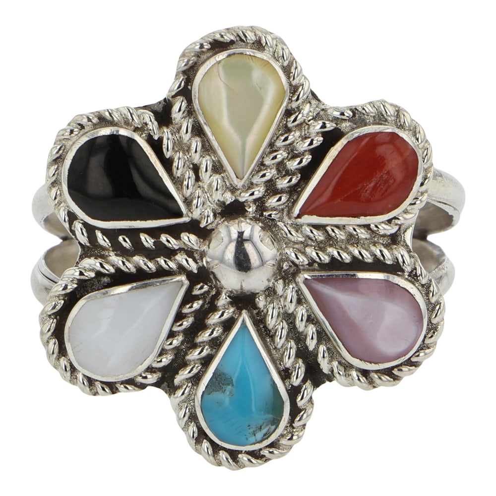 Zuni Turquoise Coral Mussel Shell Inlay Ring: Sterling Silver | Genuine Turquoise, Coral, Mussel Shell | Zuni Turquoise Coral Mussel Shell Inlay Ring | Zuni Native American Southwest Indian Jewelry | Good (no breaks or damages) | Approximate Weig