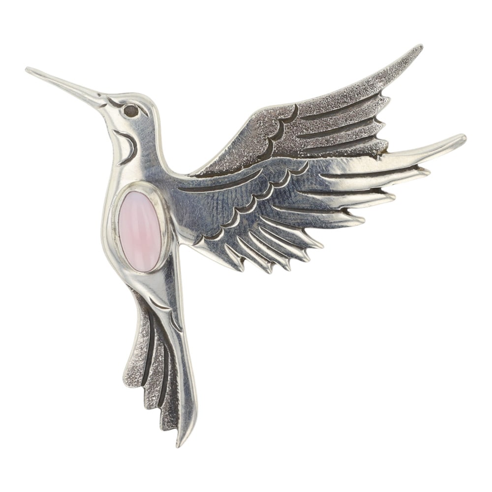 Lee Charley Navajo Pink Conch Hummingbird Pin: Sterling Silver | Genuine Pink Conch | Lee Charley Navajo Pink Conch Hummingbird Pin | Navajo Native American Southwest Indian Jewelry | Good (no breaks or damages) | Approximate Weight: 11 Grams | Pi