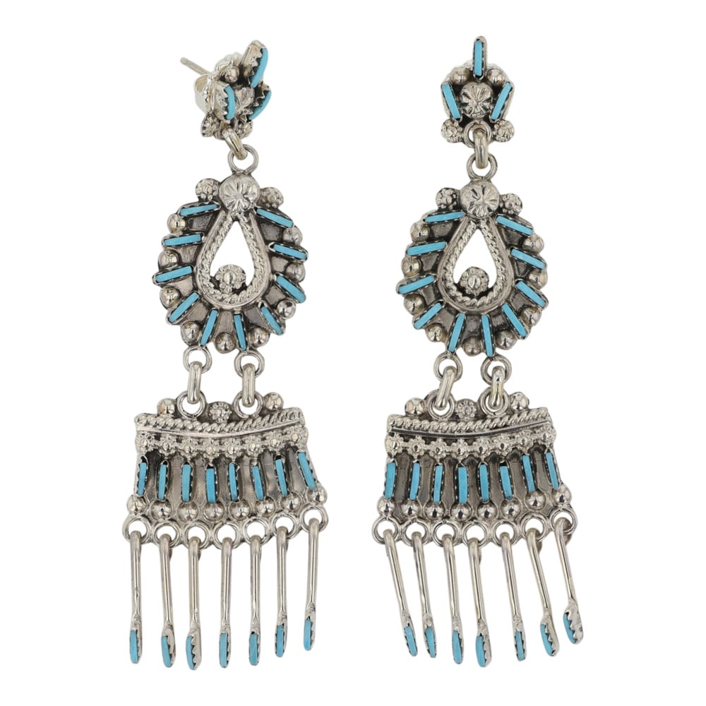 Kevin K Leekity Zuni Sleeping Beauty Turquoise Needlepoint Chandelier Earrings: Sterling Silver | Genuine Sleeping Beauty Turquoise | Kevin K Leekity Zuni Sleeping Beauty Turquoise Needlepoint Chandelier Earrings | Zuni Native American Southwest Indian Jewelry | Good (no breaks o