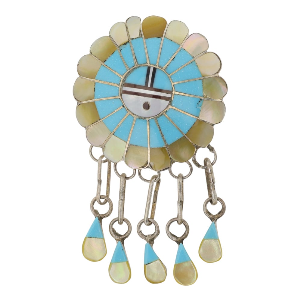 Zuni Turquoise & Mussel Shell Inlay Pin & Pendant: Sterling Silver | Genuine Turquoise & Mussel Shell | Zuni Turquoise & Mussel Shell Inlay Pin & Pendant | Zuni Native American Southwest Indian Jewelry | Good (no breaks or damages) | Approximate Weigh