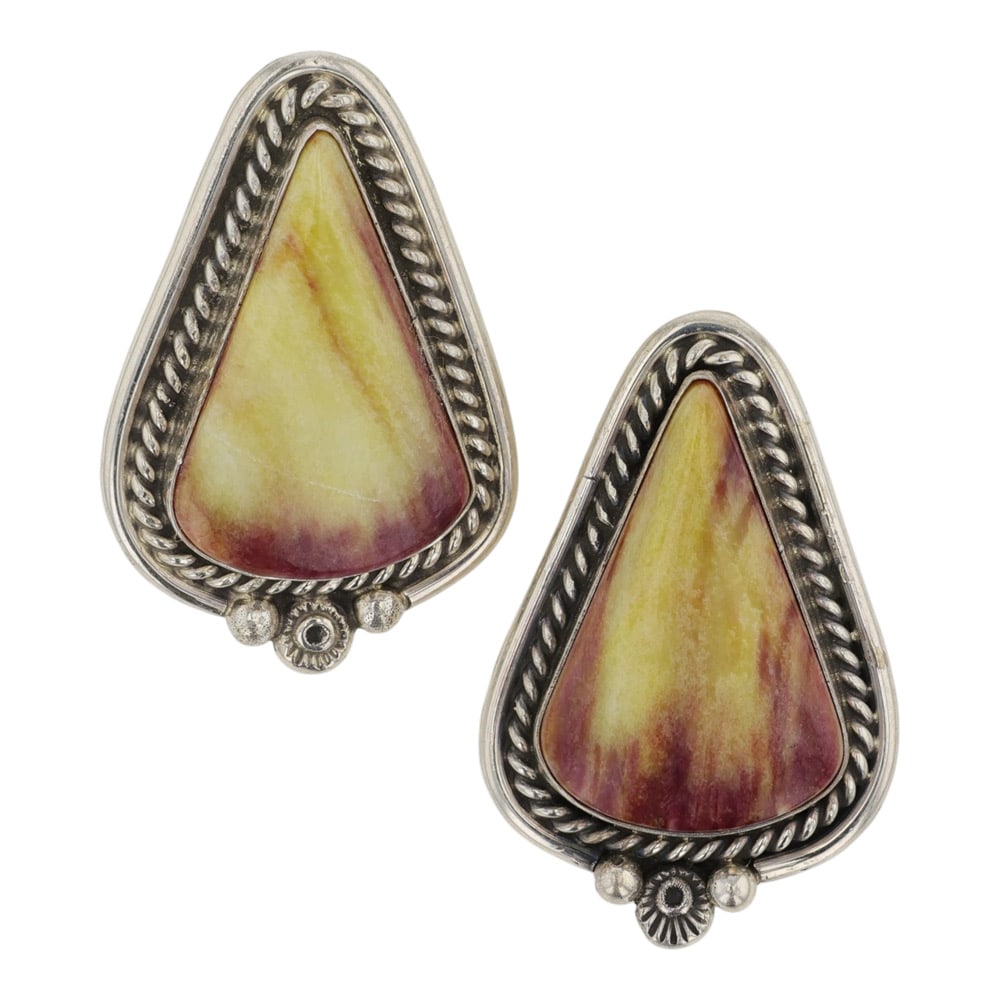 Chris Charley Navjao Spiny Oyster Earrings: Sterling Silver | Genuine Spiny Oyster | Chris Charley Navjao Spiny Oyster Earrings | Navajo Native American Southwest Indian Jewelry | Good (no breaks or damages) | Approximate Weight:?16?Grams | Ear