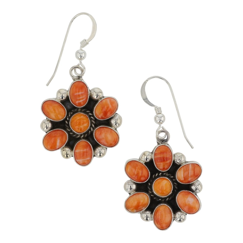 Della Wylie Navajo Spiny Oyster Cluster Earrings: Sterling Silver | Genuine Spiny Oyster | Della Wylie Navajo Spiny Oyster Cluster Earrings | Navajo Native American Southwest Indian Jewelry | Good (no breaks or damages) | Approximate Weight: 10 Grams