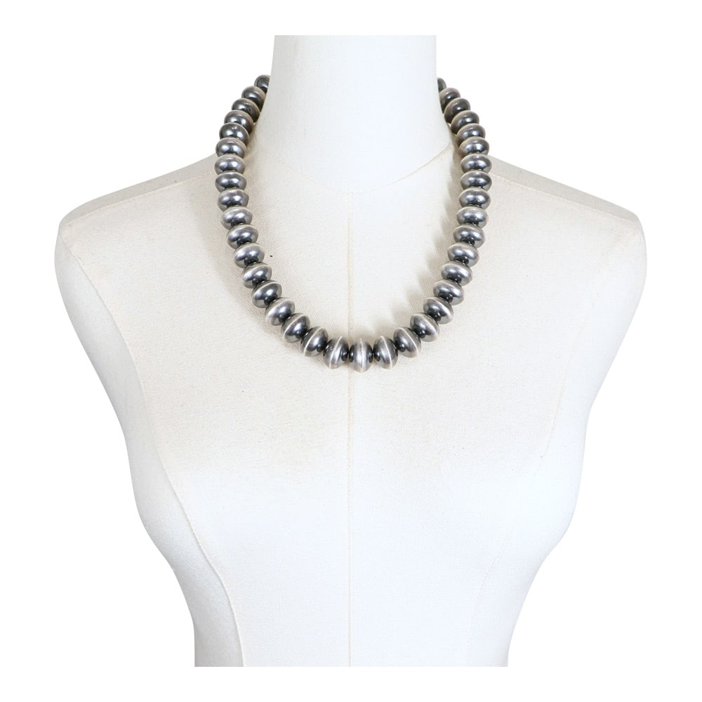 Lillie Yazzie Large Handmade 18mm Beads Necklace: Sterling Silver | | Lillie Yazzie Large Handmade 18mm Beads Necklace | Navajo Native American Southwest Indian Jewelry | Good (no breaks or damages) | Approximate Weight:?122?Grams | Necklace: 22" len