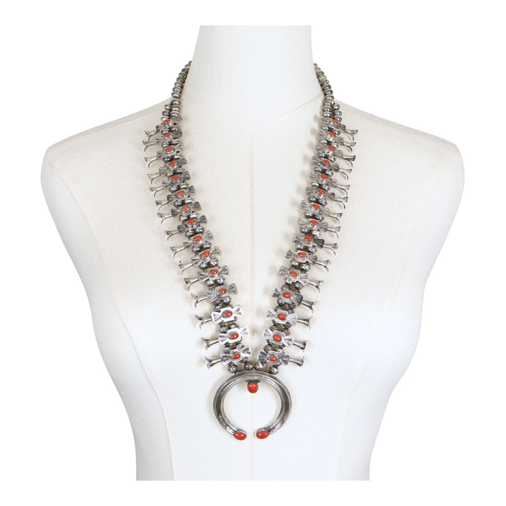 Navajo Mediterranean Coral Traditional Bow in Box Squash Blossom Necklace: Sterling Silver | Genuine Mediterranean Coral | Navajo Mediterranean Coral Traditional Bow in Box Squash Blossom Necklace | Navajo Native American Southwest Indian Jewelry | Good (no breaks or damages