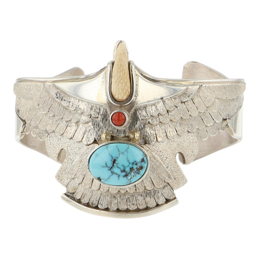 Ray Winner Award Winning Southwest Anglo Artist 14K Gold & Sterling Silver Mediterranean Coral &: Sterling Silver & 14K Gold | Genuine Mediterranean Coral & Candelaria Turquoise | Ray Winner Award Winning Southwest Anglo Artist 14K Gold & Sterling Silver Mediterranean Coral & Candelaria Turquoise 