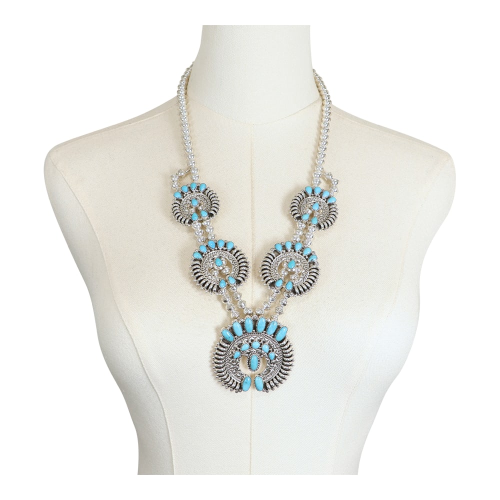 Nora Tsosie Navajo Sleeping Beauty Turquoise Naja Necklace: Sterling Silver | Genuine Sleeping Beauty Turquoise | Nora Tsosie Navajo Sleeping Beauty Turquoise Naja Necklace | Navajo Native American Southwest Indian Jewelry | Good (no breaks or damages) | Appro