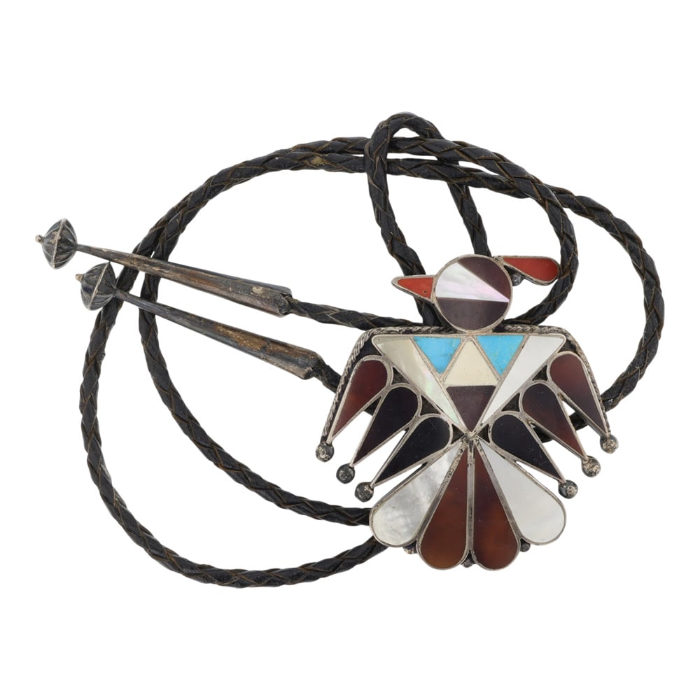 Vintage Zuni Turquoise Coral MoP & Shell Inlay Bolo Tie (1 of 3)