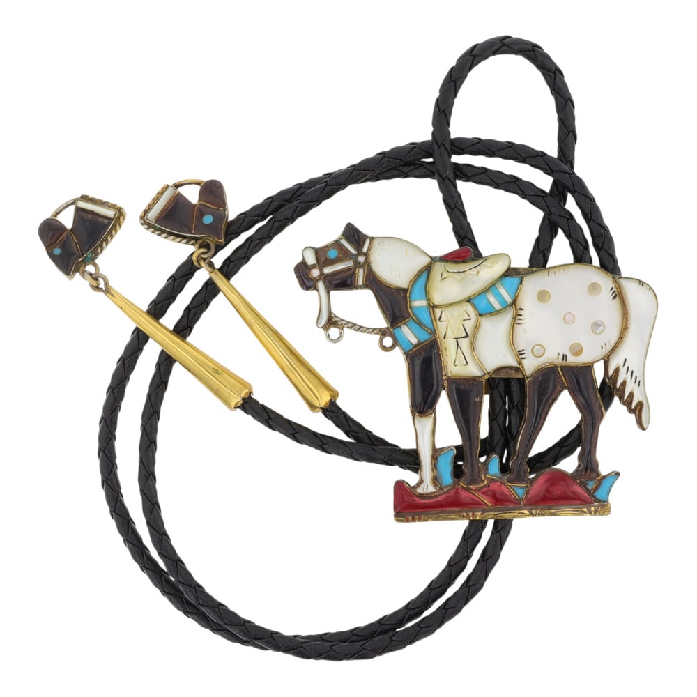 Vintage Zuni Gold Filled Turquoise Coral & Shell Inlay Horse Bolo Tie: Sterling Silver | Genuine Turquoise, Coral & Shell | Vintage Zuni Gold Filled Turquoise Coral & Shell Inlay Horse Bolo Tie | Zuni Native American Southwest Indian Jewelry | Good (no breaks or damages)