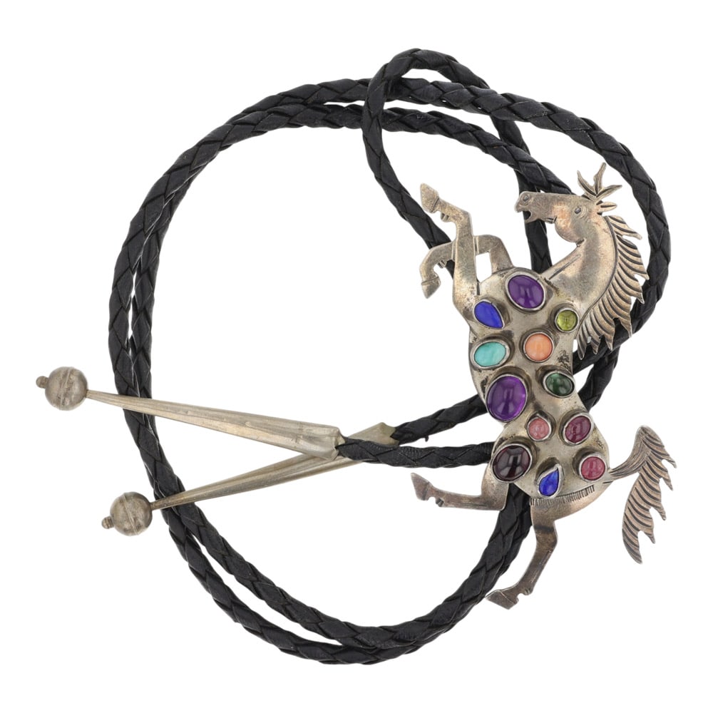 Navajo Turquoise Coral Peridot Amethyst Tourmaline & Lapis Horse Bolo Tie: Sterling Silver | Genuine Turquoise, Coral, Peridot, Amethyst, Tourmaline & Lapis | Navajo Turquoise Coral Peridot Amethyst Tourmaline & Lapis Horse Bolo Tie | Navajo Native American Southwest Indian 