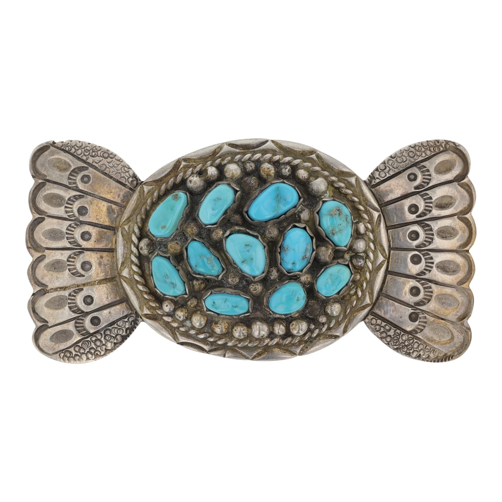Vintage Navajo Kingman Turquoise Stamp-Work Pin: Sterling Silver | Genuine Kingman Turquoise | Vintage Navajo Kingman Turquoise Stamp-Work Pin | Navajo Native American Southwest Indian Jewelry | Good (no breaks or damages) | Approximate Weight: 38 G