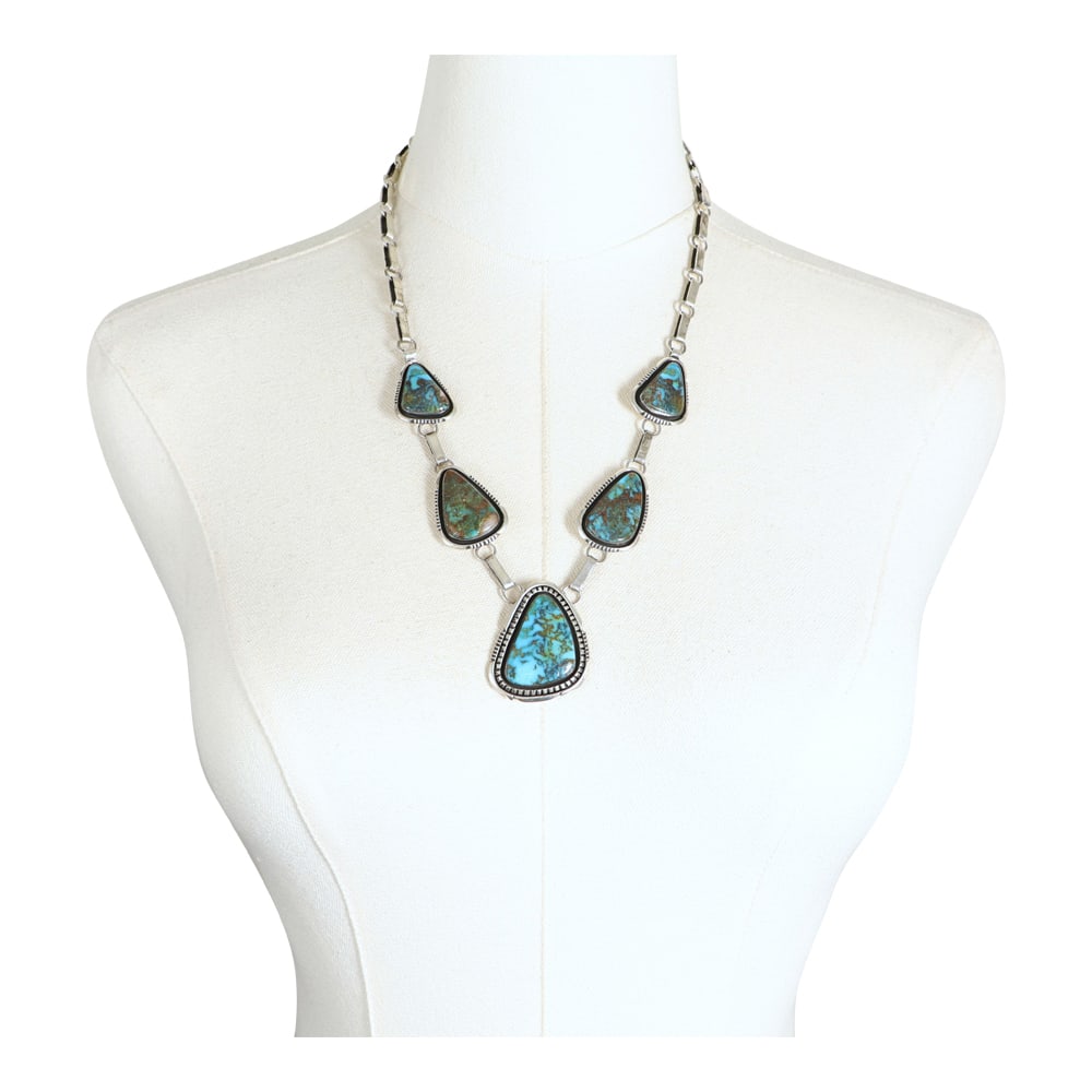 Will Denetdale Navajo Pilot Mountain Turquoise Necklace: Sterling Silver | Genuine Pilot Mountain Turquoise | Will Denetdale Navajo Pilot Mountain Turquoise Necklace | Navajo Native American Southwest Indian Jewelry | Good (no breaks or damages) | Approxima