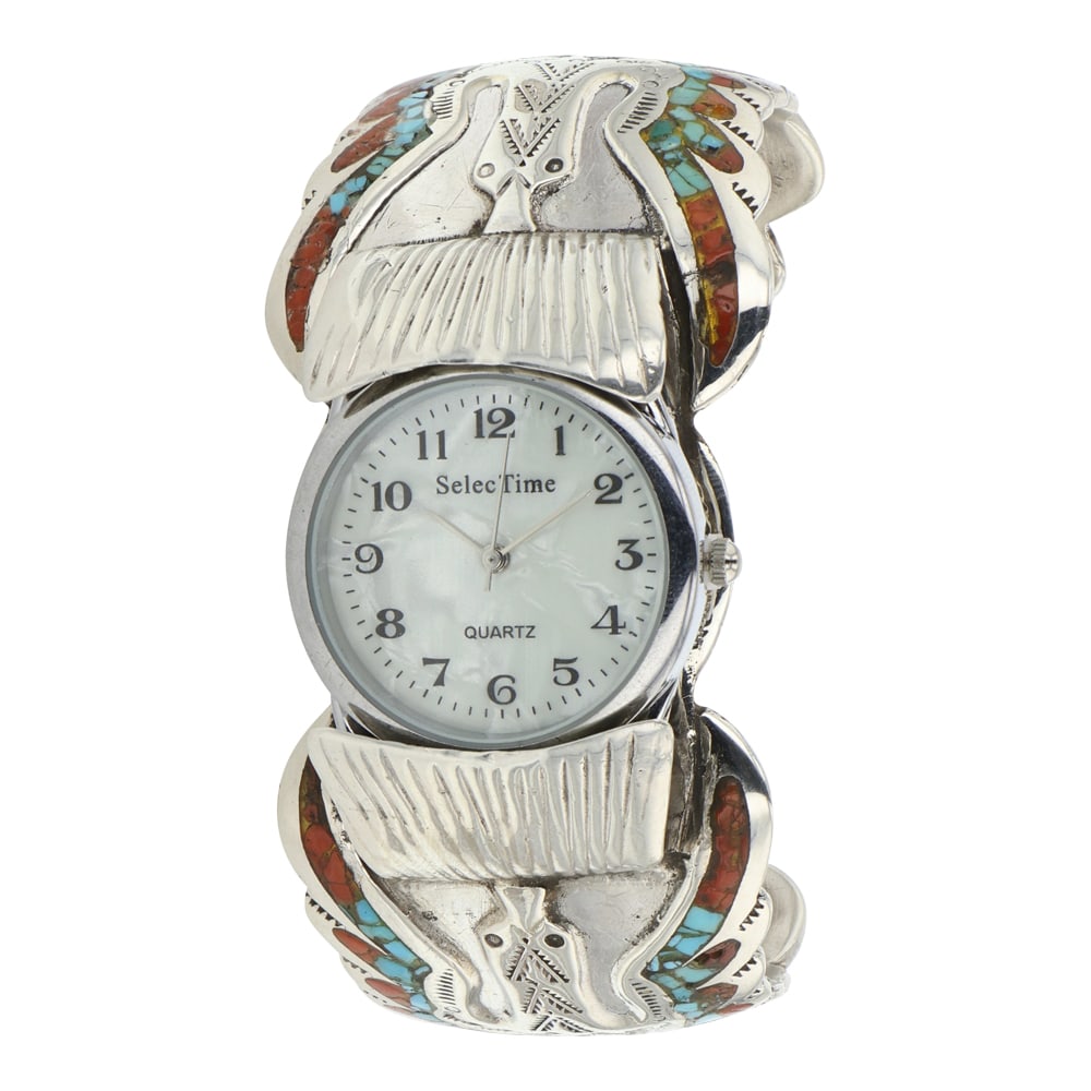 Navajo Turquoise & Coral Chip Inlay Watch Bracelet: Sterling Silver | Genuine Turquoise & Coral | Navajo Turquoise & Coral Chip Inlay Watch Bracelet | Navajo Native American Southwest Indian Jewelry | Good (no breaks or damages) | Approximate Weight: 9