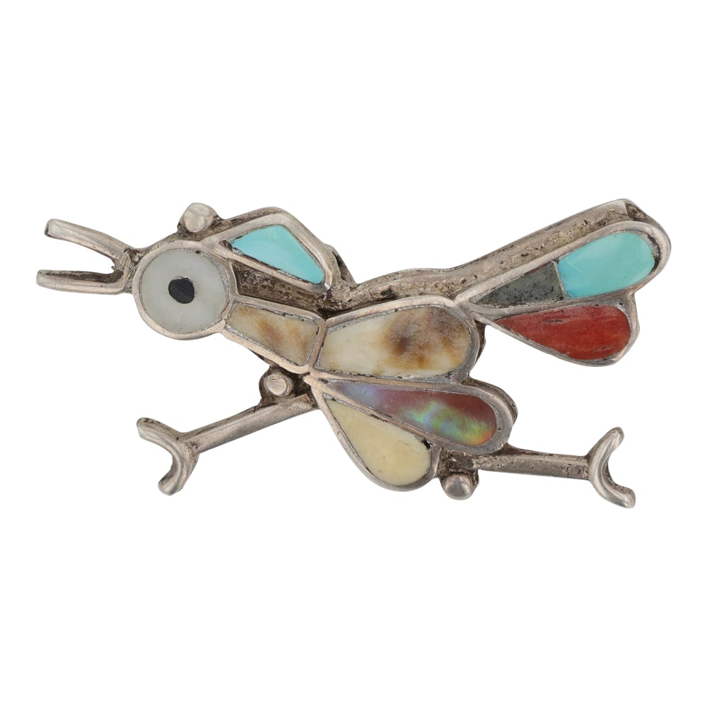 Vintage Zuni Turquoise Coral MoP & Shell Inlay Roadrunner Pin: Sterling Silver | Genuine Turquoise, Coral, Mother of Pearl & Shell | Vintage Zuni Turquoise Coral MoP & Shell Inlay Roadrunner Pin | Zuni Native American Southwest Indian Jewelry | Good (no breaks or