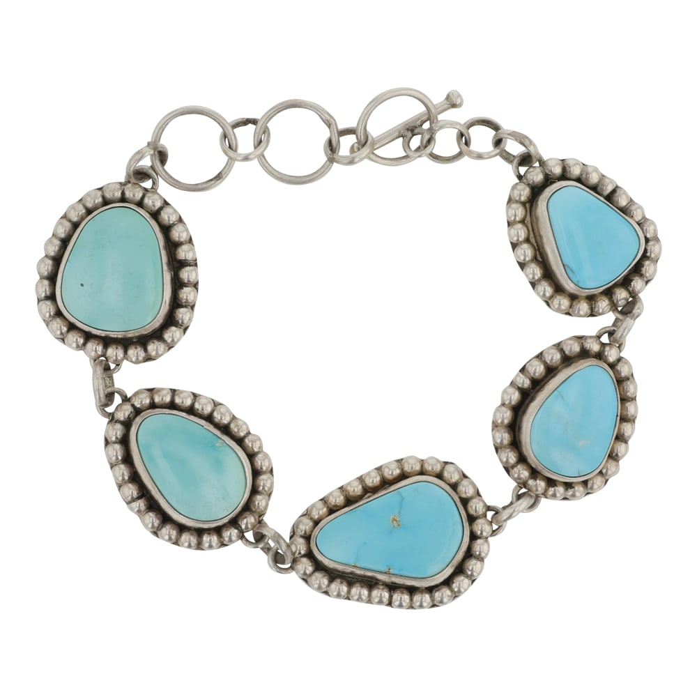 Andrew Johnson Navajo Lone Mountain Turquoise Link Bracelet: Sterling Silver | Genuine Lone Mountain Turquoise | Andrew Johnson Navajo Lone Mountain Turquoise Link Bracelet | Navajo Native American Southwest Indian Jewelry | Good (no breaks or damages) | Approx