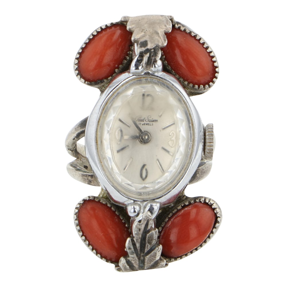 Vintage Navajo Mediterranean Coral Unique Watch Ring