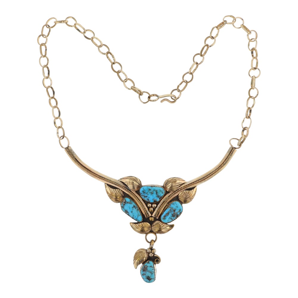Vintage Navajo Sterling Silver & 12K Gold Filled Kingman Turquoise Collar Necklace: Sterling Silver | Genuine Kingman Turquoise | Vintage Navajo Sterling Silver & 12K Gold Filled Kingman Turquoise Collar Necklace | Navajo Native American Southwest Indian Jewelry | Good (no breaks or 