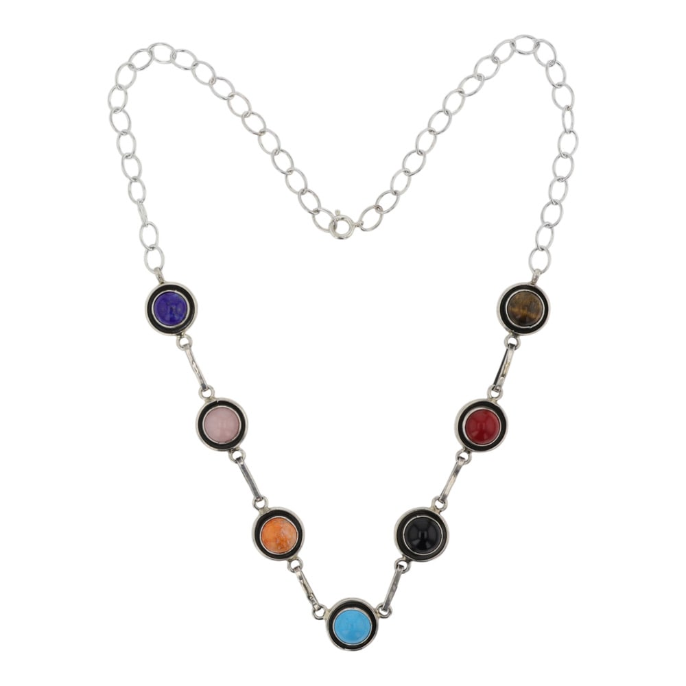 Martin L. Perry Navajo Multi Stone Necklace: Sterling Silver | Genuine Turquoise, Coral, Black Onyx, Tigers eye, Lapis & Pink Mussel Shell | Martin L. Perry Navajo Multi Stone Necklace | Navajo Native American Southwest Indian Jewelry | Good (no