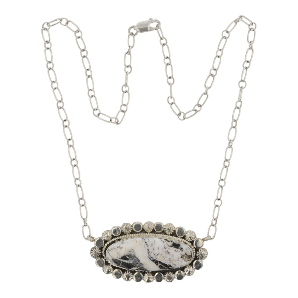 RB Navajo White Buffalo Bar Necklace: Sterling Silver | Genuine White Buffalo | RB Navajo White Buffalo Bar Necklace | Navajo Native American Southwest Indian Jewelry | Good (no breaks or damages) | Approximate Weight: 20 Grams | Necklace