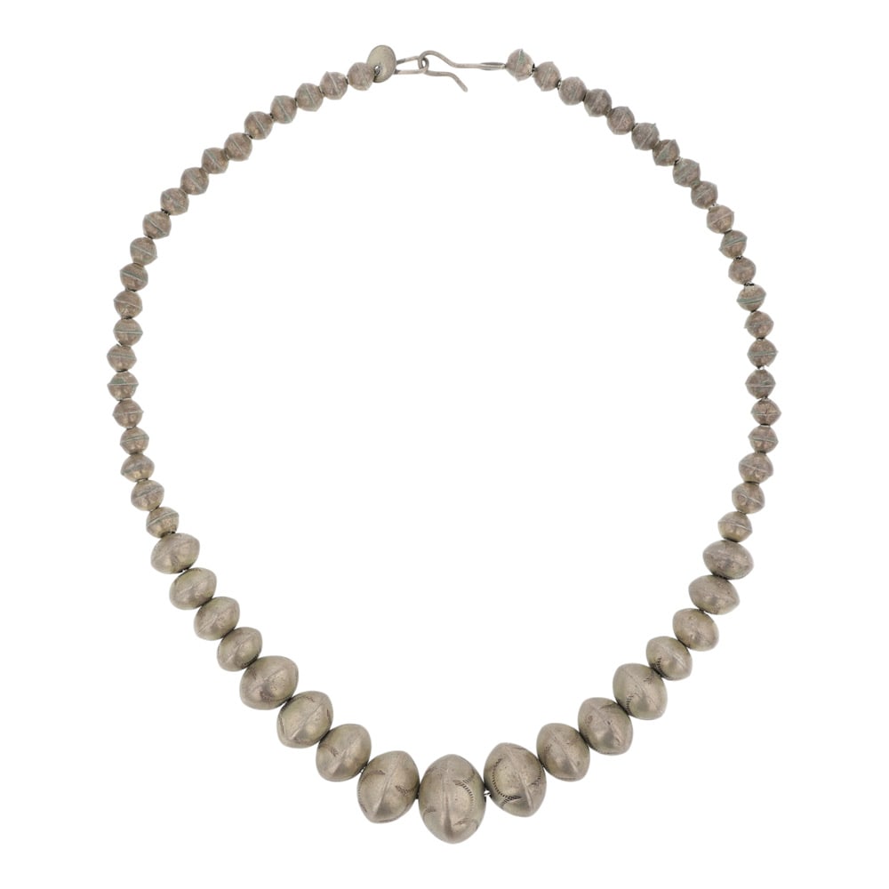 Vintage Navajo Handmade Stamp Beads Graduated Necklace: Sterling Silver | | Vintage Navajo Handmade Stamp Beads Graduated Necklace | Navajo Native American Southwest Indian Jewelry | Good (no breaks or damages) | Approximate Weight: 37 Grams | Necklace: 18