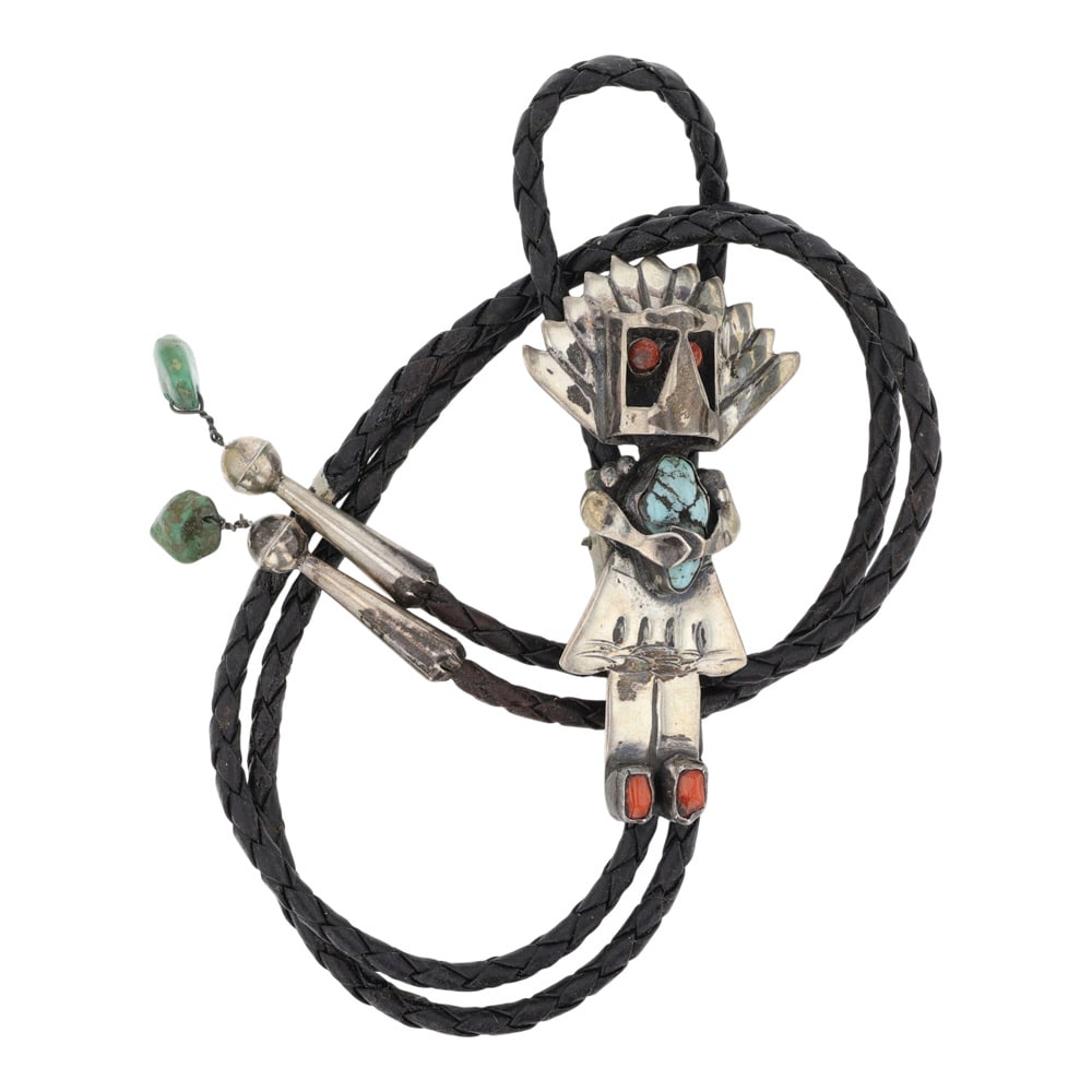Vintage Navajo Turquoise & Coral Kachina Bolo Tie: Sterling Silver | Genuine Turquoise & Coral | Vintage Navajo Turquoise & Coral Kachina Bolo Tie | Navajo Native American Southwest Indian Jewelry | Good (no breaks or damages) | Approximate Weight: 32