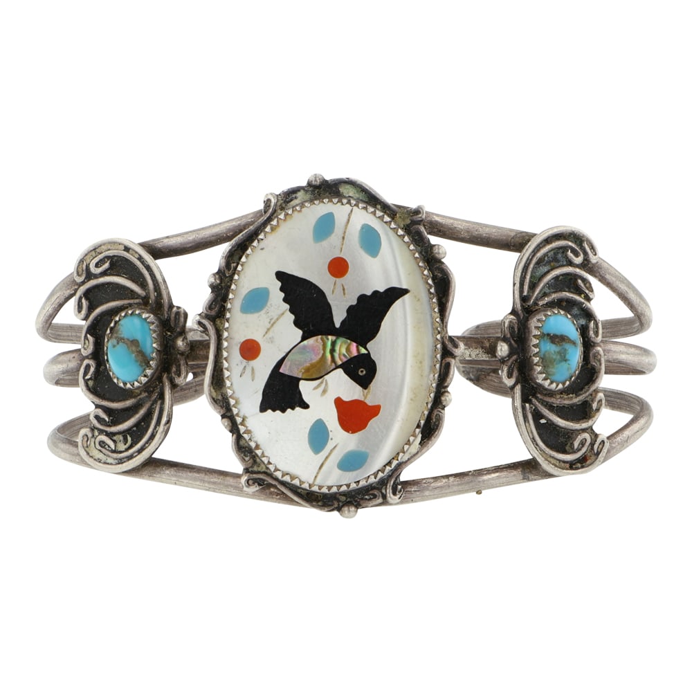 Vintage Zuni Turquoise Coral Mother of Pearl & Jet inlay Bracelet: Sterling Silver | Genuine Turquoise, Coral, Mother of Pearl & Jet | Vintage Zuni Turquoise Coral Mother of Pearl & Jet inlay Bracelet | Navajo Native American Southwest Indian Jewelry | Good (no break
