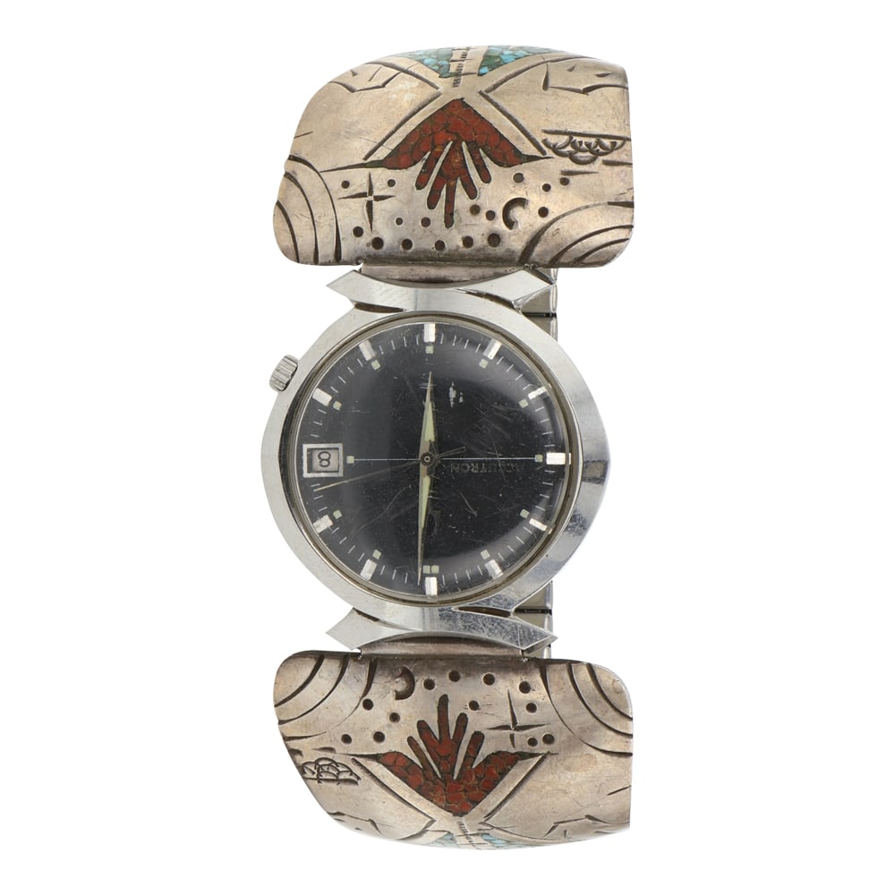 Vintage Navajo Turquoise & Coral Chip Inlay Watch Bracelet: Sterling Silver | Genuine Turquoise & Coral | Vintage Navajo Turquoise & Coral Chip Inlay Watch Bracelet | Navajo Native American Southwest Indian Jewelry | Good (no breaks or damages) | Approximate W