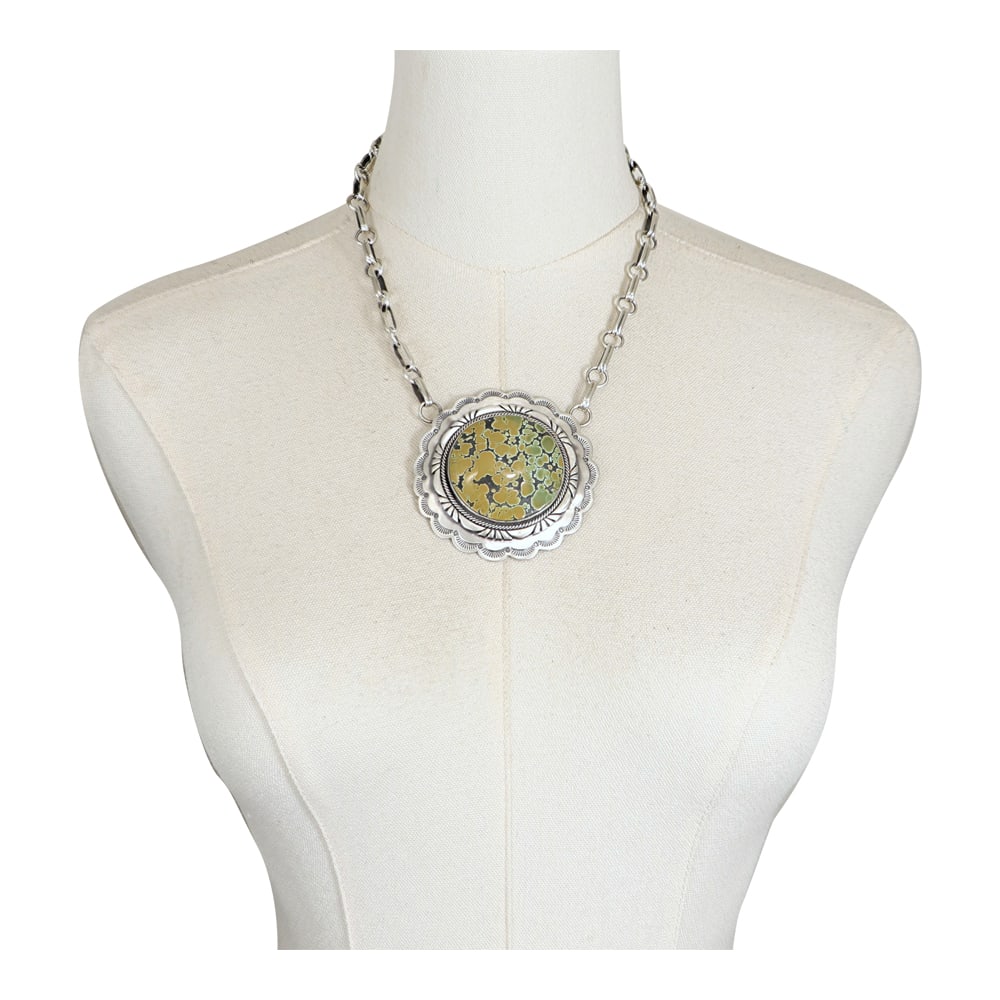 Bobby Johnson Navajo Hubei Turquoise Intricate Detailed Large Bar Necklace: Sterling Silver | Genuine Hubei Turquoise | Bobby Johnson Navajo Hubei Turquoise Intricate Detailed Large Bar Necklace | Navajo Native American Southwest Indian Jewelry | Good (no breaks or damages) |
