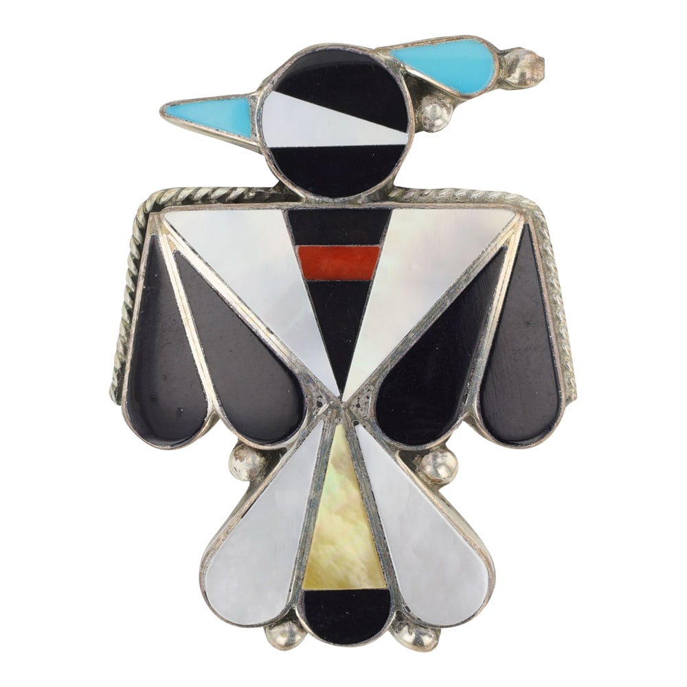 Vintage Zuni Turquoise Coral Acoma Jet Mother of Pearl Inlay Pin / Pendant (1 of 2)