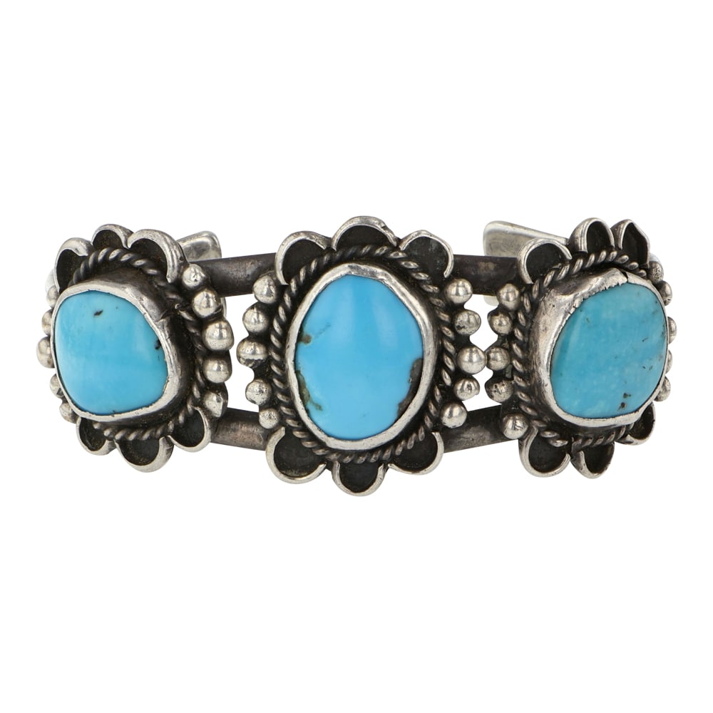 Vintage Navajo Blue Ridge Turquoise Three Stone Bracelet: Sterling Silver | Genuine Blue Ridge Turquoise | Vintage Navajo Blue Ridge Turquoise Three Stone Bracelet | Navajo Native American Southwest Indian Jewelry | Good (no breaks or damages) | Approximate 