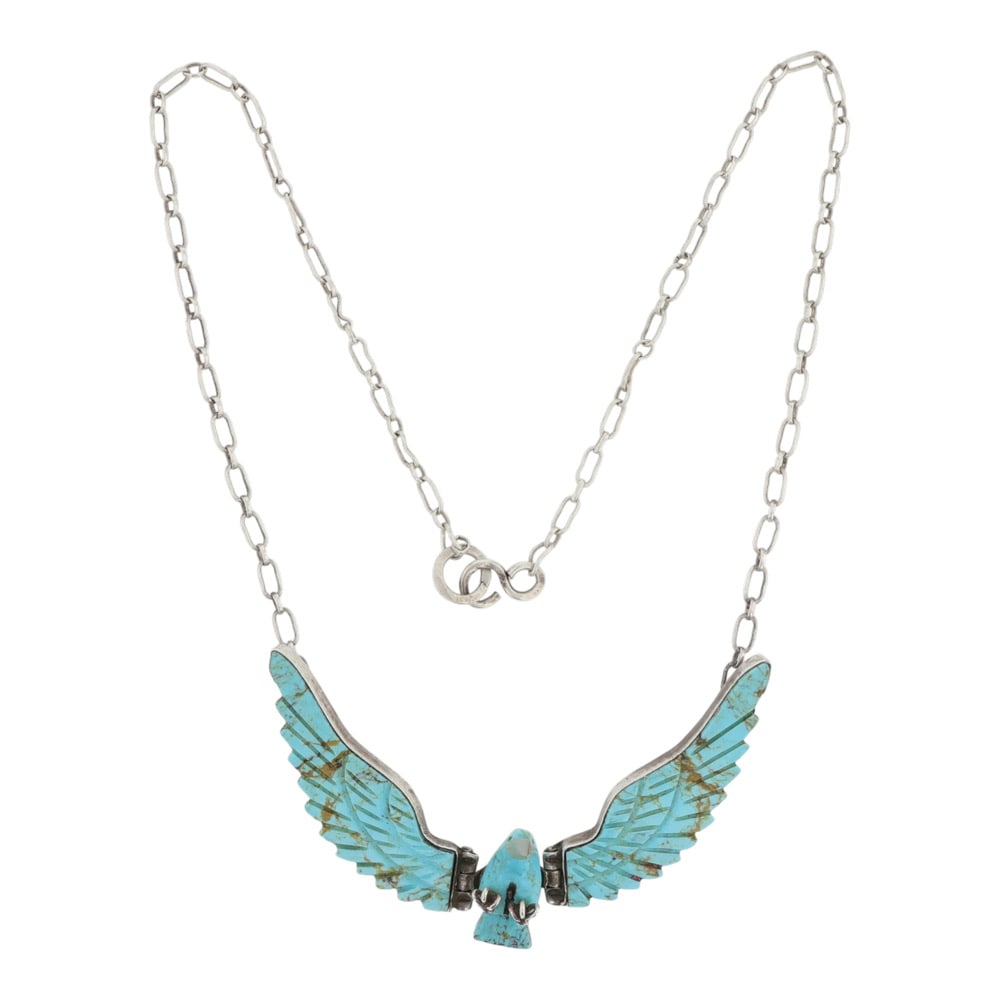Vintage Navajo Kingman Turquoise Carved Eagle Necklace: Sterling Silver | Genuine Kingman Turquoise | Vintage Navajo Kingman Turquoise Carved Eagle Necklace | Navajo Native American Southwest Indian Jewelry | Good (no breaks or damages) | Approximate Weigh