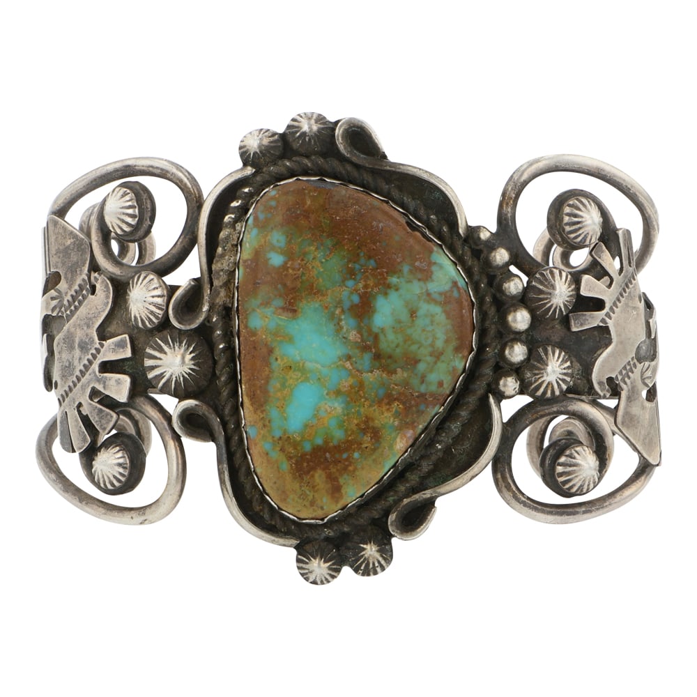 Albert Cleveland Navajo Royston Tuquoise Intricate Cuff Bracelet: Sterling Silver | Genuine Royston Turquoise | Albert Cleveland Navajo Royston Tuquoise Intricate Cuff Bracelet | Navajo Native American Southwest Indian Jewelry | Good (no breaks or damages) | Approxi