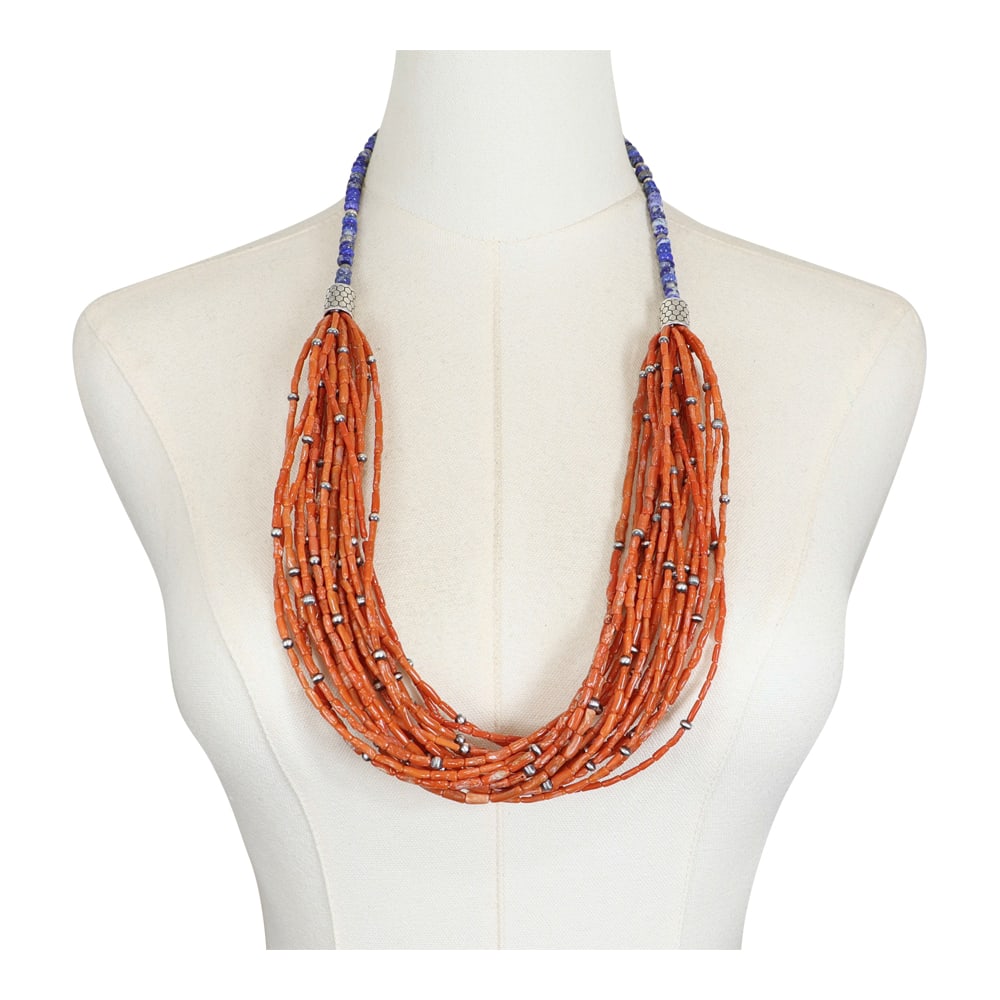 Navajo Mediterranean Coral Oxidized Beads & Lapis Twenty Strand Necklace: Sterling Silver | Genuine Mediterranean Coral & Lapis | Navajo Mediterranean Coral Oxidized Beads & Lapis Twenty Strand Necklace | Navajo Native American Southwest Indian Jewelry | Good (no breaks or 