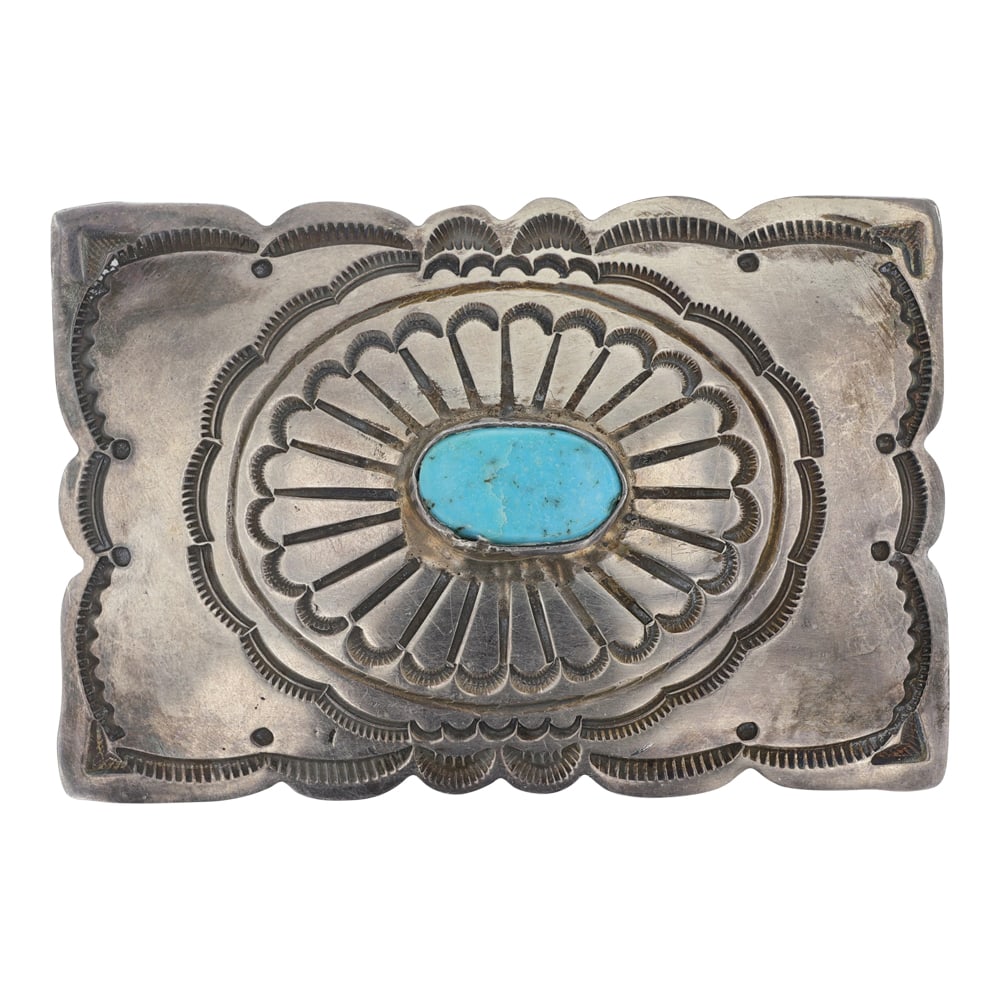 Wilbur Muskett Navajo Kingman Turquoise Stamp-Work Belt Buckle: Sterling Silver | Genuine Kingman Turquoise | Wilbur Muskett Navajo Kingman Turquoise Stamp-Work Belt Buckle | Navajo Native American Southwest Indian Jewelry | Good (no breaks or damages) | Approxima