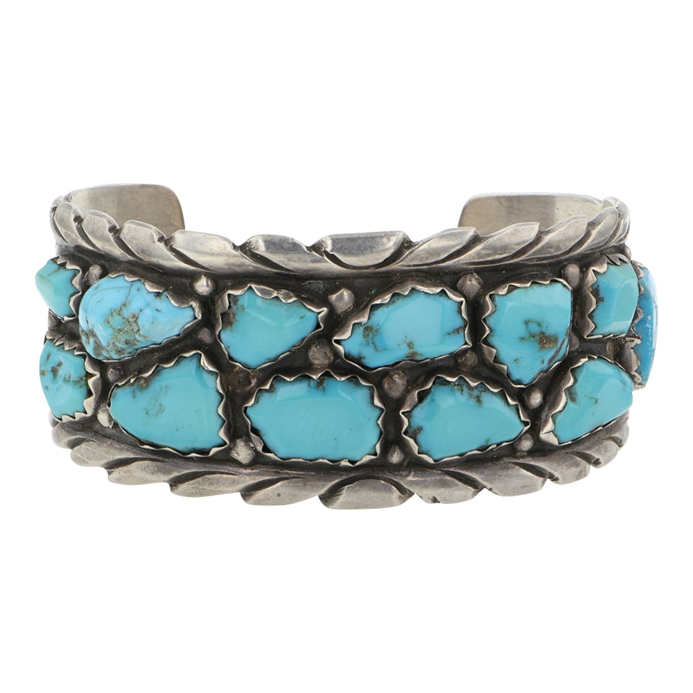 Wayne Cheama (1950-2007) Vintage Zuni Kingman Turquoise Bracelet: Sterling Silver | Genuine Kingman Turquoise | Wayne Cheama (1950-2007) Vintage Zuni Kingman Turquoise Bracelet | Zuni Native American Southwest Indian Jewelry | Good (no breaks or damages) | Approxima