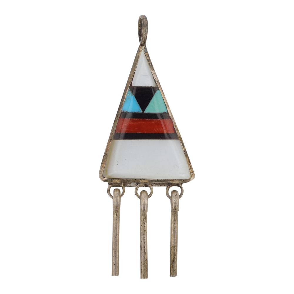 Vintage Zuni Turquoise Coral & MoP Inlay Pendant: Sterling Silver | Genuine Turquoise, Coral & Mother of Pearl | Vintage Zuni Turquoise Coral & MoP Inlay Pendant | Zuni Native American Southwest Indian Jewelry | Good (no breaks or damages) | Approxim