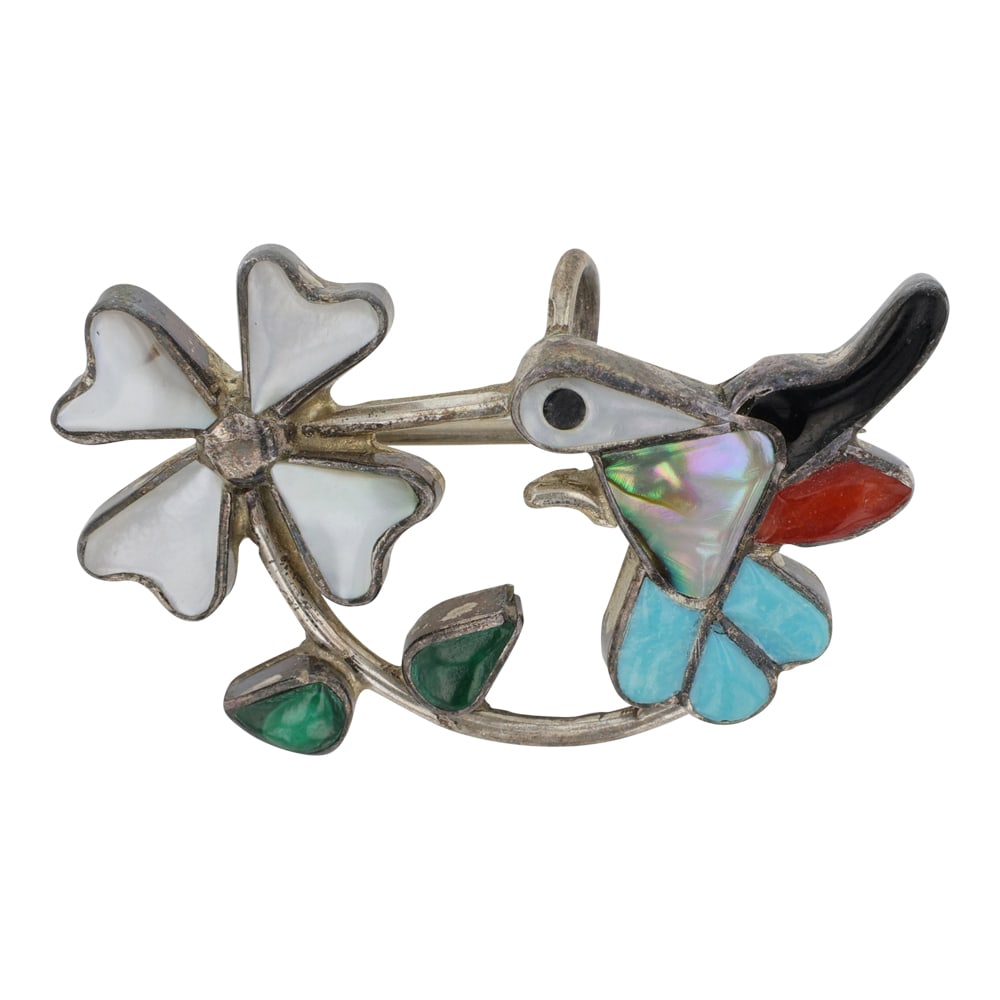 Zuni Turquoise Coral MoP Inlay Hummingbird Pin / Pendant: Sterling Silver | Genuine Turquoise, Coral, Mother of Pearl | Zuni Turquoise Coral MoP Inlay Hummingbird Pin / Pendant | Zuni Native American Southwest Indian Jewelry | Good (no breaks or damages) | A
