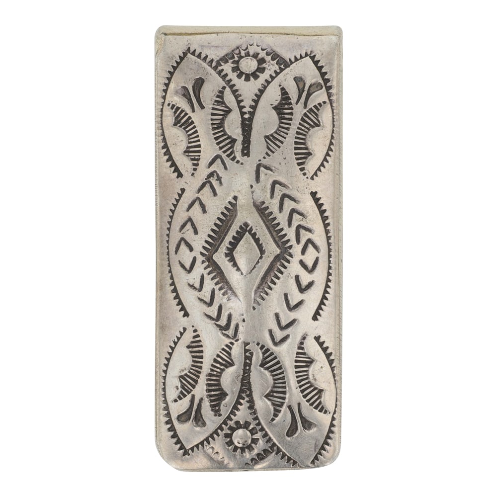 Vintage Navajo Stamp-Work Sterling Silver & Nickel Money Clip: Sterling Silver | | Vintage Navajo Stamp-Work Sterling Silver & Nickel Money Clip | Navajo Native American Southwest Indian Jewelry | Good (no breaks or damages) | Approximate Weight: 18 Grams | Money