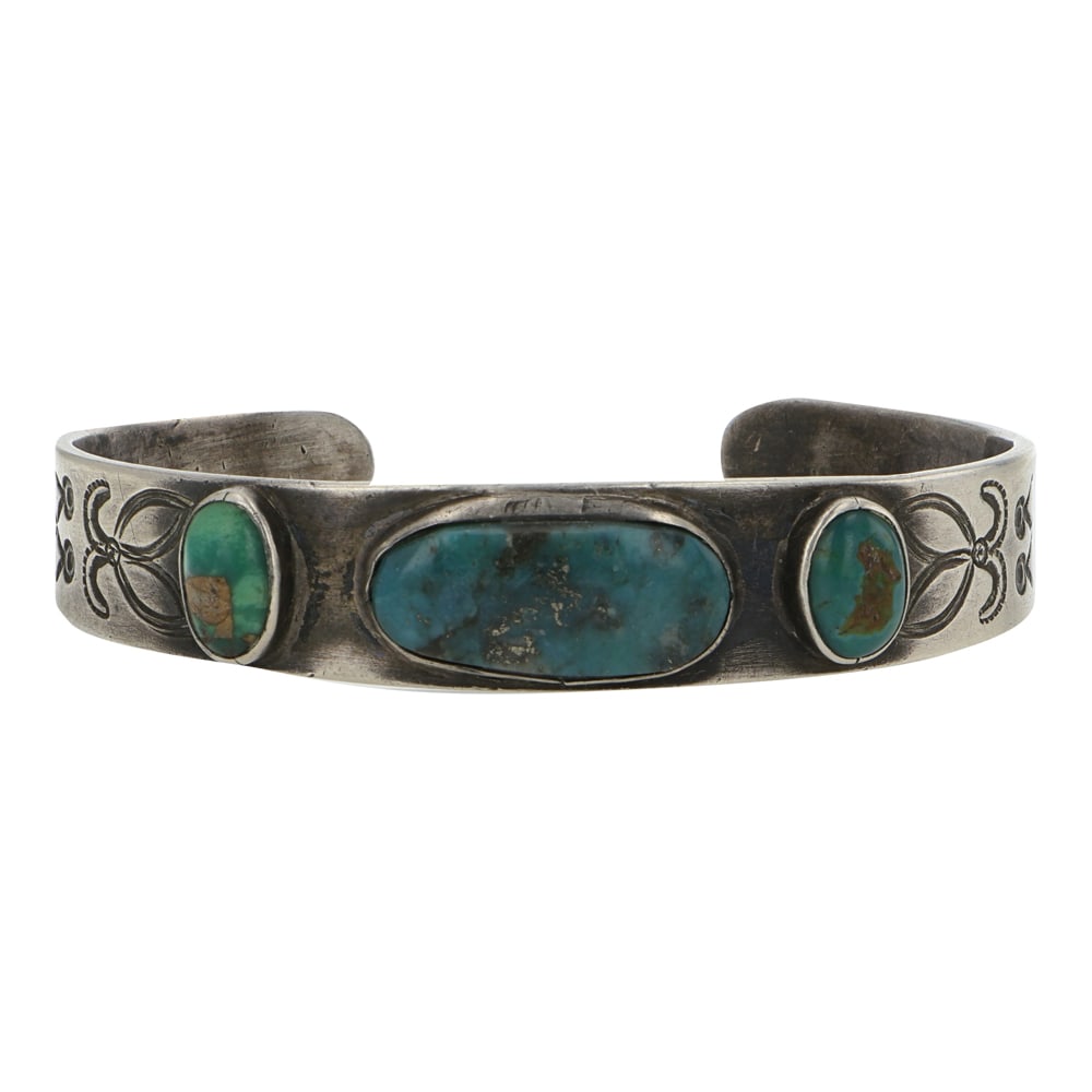 Vintage Navajo Fred Harvey Era Fox Turquoise Three Stone Bracelet (1 of 3)