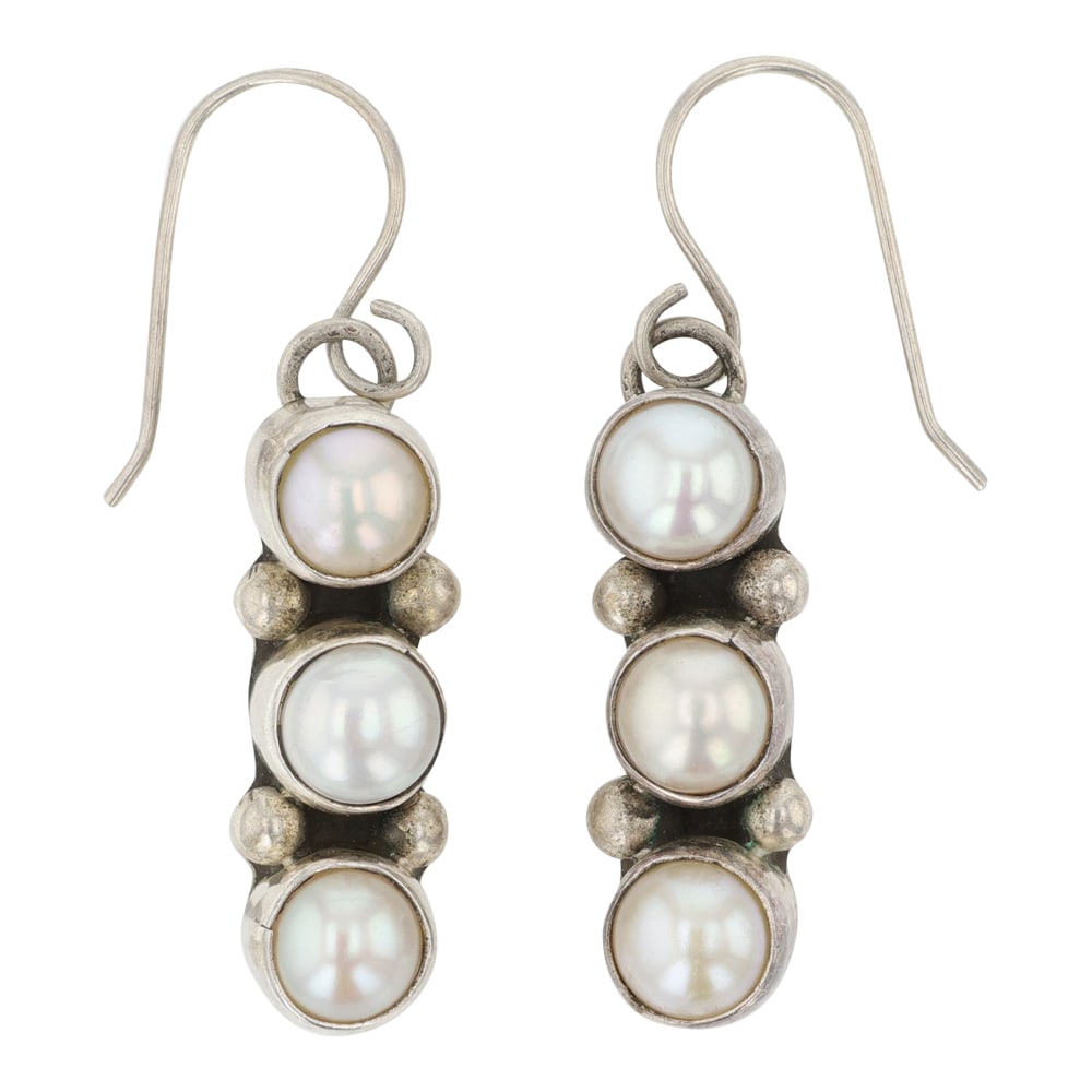 Navajo Cultured Pearls Earrings: Sterling Silver | Cultured Pearls | Navajo Cultured Pearls Earrings | Navajo Native American Southwest Indian Jewelry | Good (no breaks or damages) | Approximate Weight: 9 Grams | Earrings: 1" x .25" 
