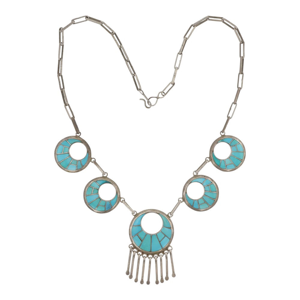 Sheldon & Nancy Westika Zuni Sleeping Beauty Turquoise Inlay Necklace: Sterling Silver | Genuine Sleeping Beauty Turquoise | Sheldon & Nancy Westika Zuni Sleeping Beauty Turquoise Inlay Necklace | Zuni Native American Southwest Indian Jewelry | Good (no breaks or damages